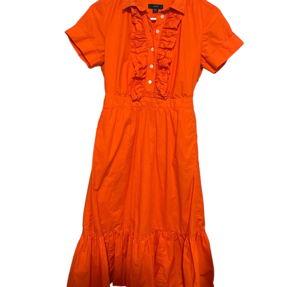 J.Crew Orange Poplin Maxi Dress Ruffle Button Front Short Sleeve Tiered Hem 00P - Picture 2 of 6